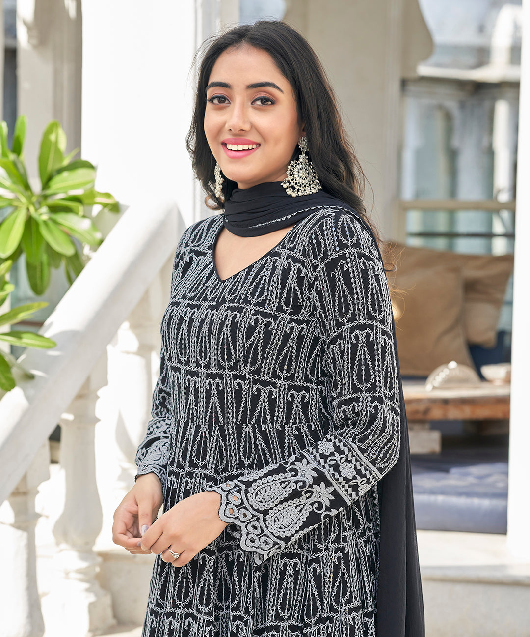 A sophisticated Black Irish Chikankari Suit Set, adorned with delicate chikankari embroidery for a timeless and elegant look.