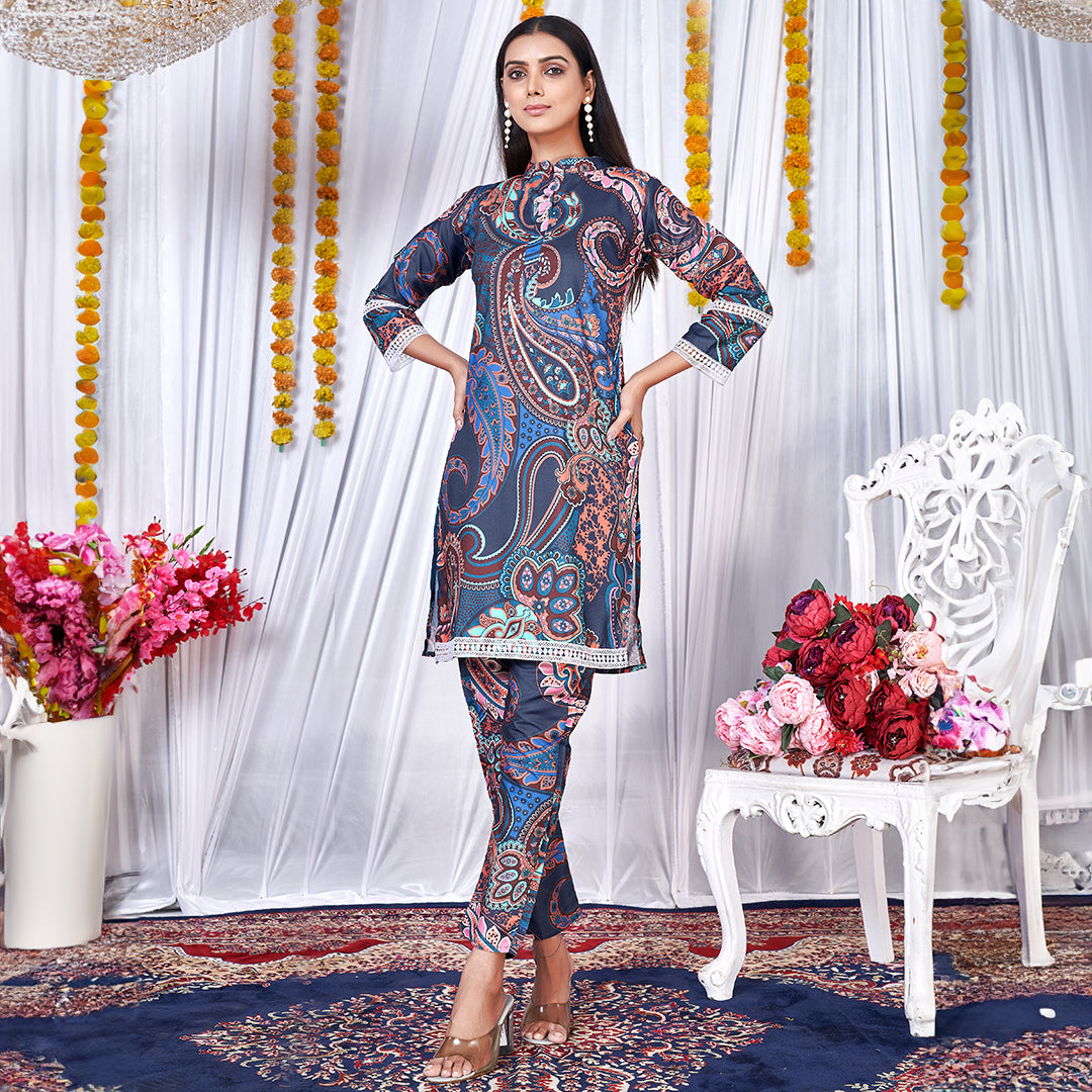 Blue paisley print co-ord set, a fashionable and coordinated outfit with intricate patterns.