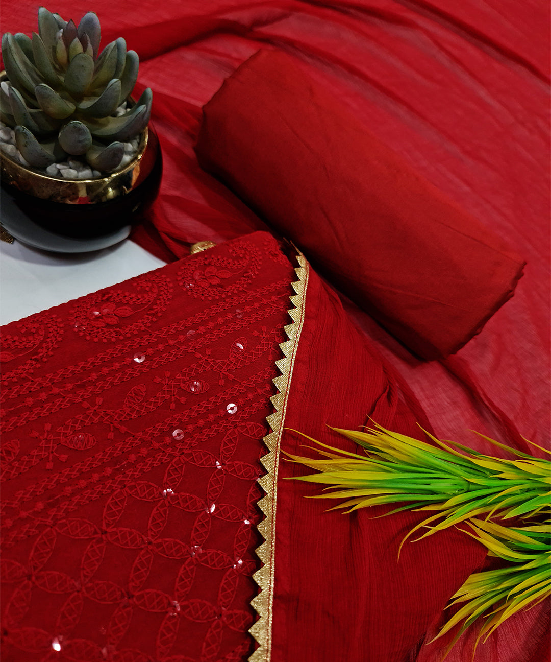 Crimson Red Chikankari Work Dress Material