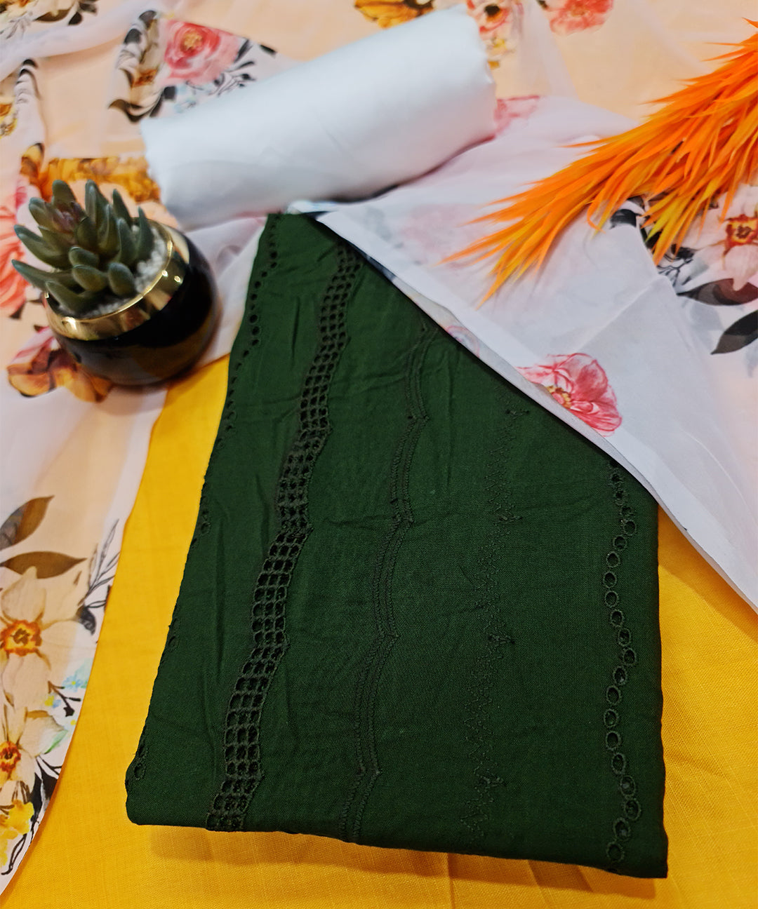 Emerald Green Chikankari Work Dress Material