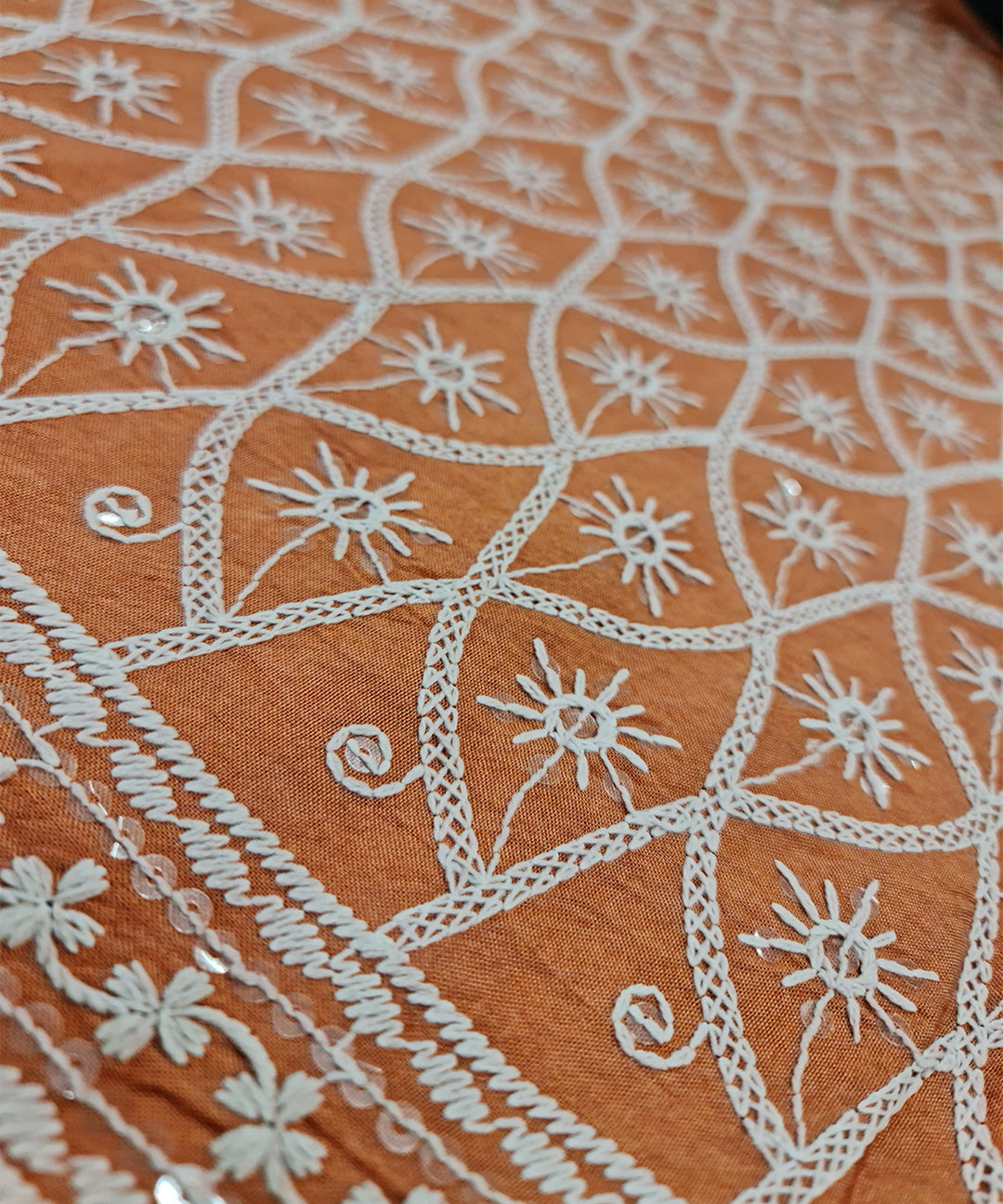 Tangerine Chikankari Work Dress Material
