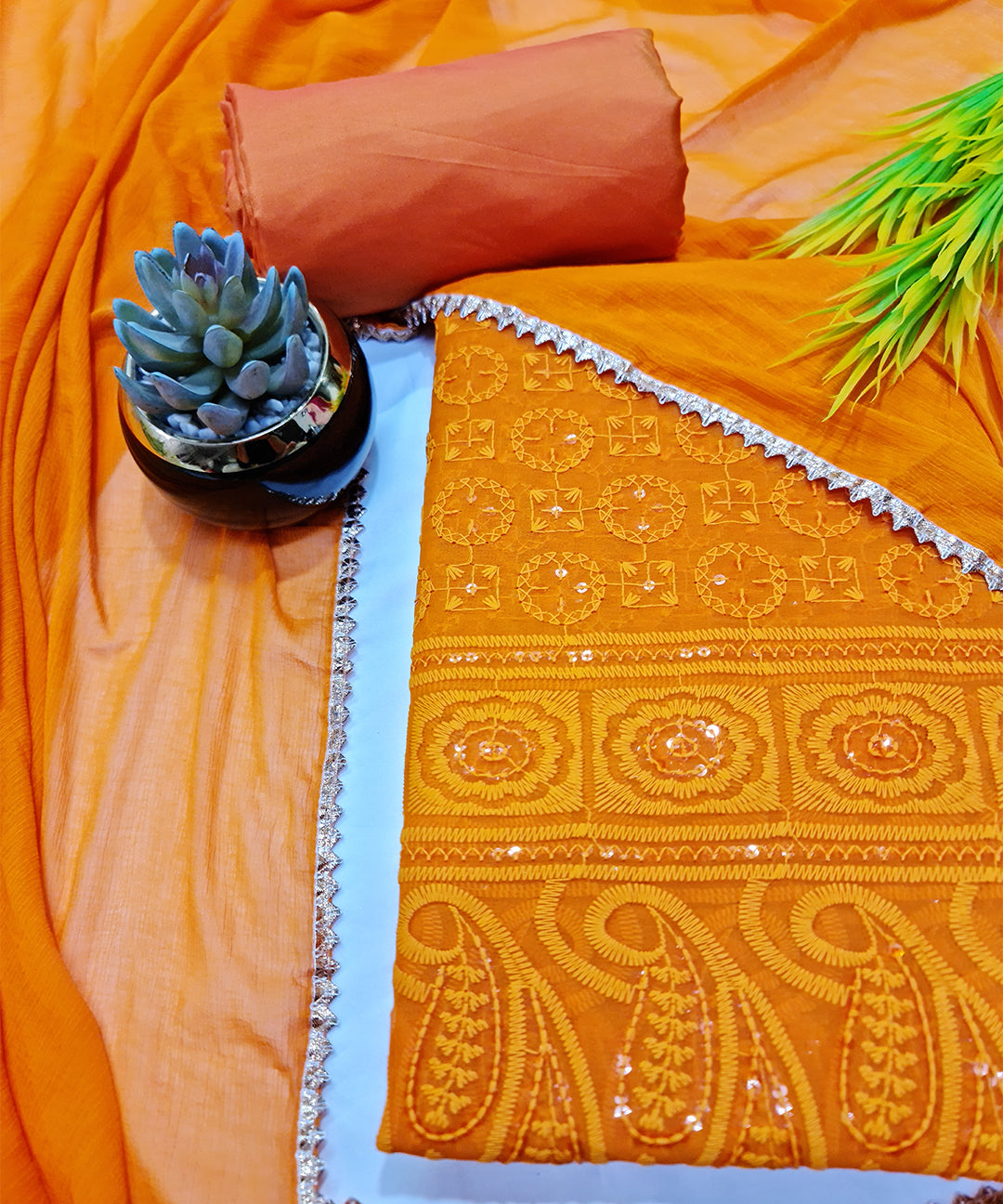 Meringue Orange Chikankari Dress Material