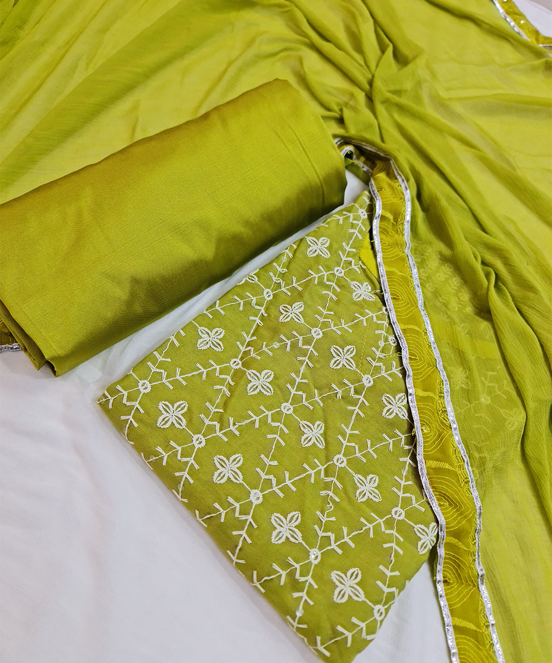 Chartreuse Green Chikankari Work Dress Material