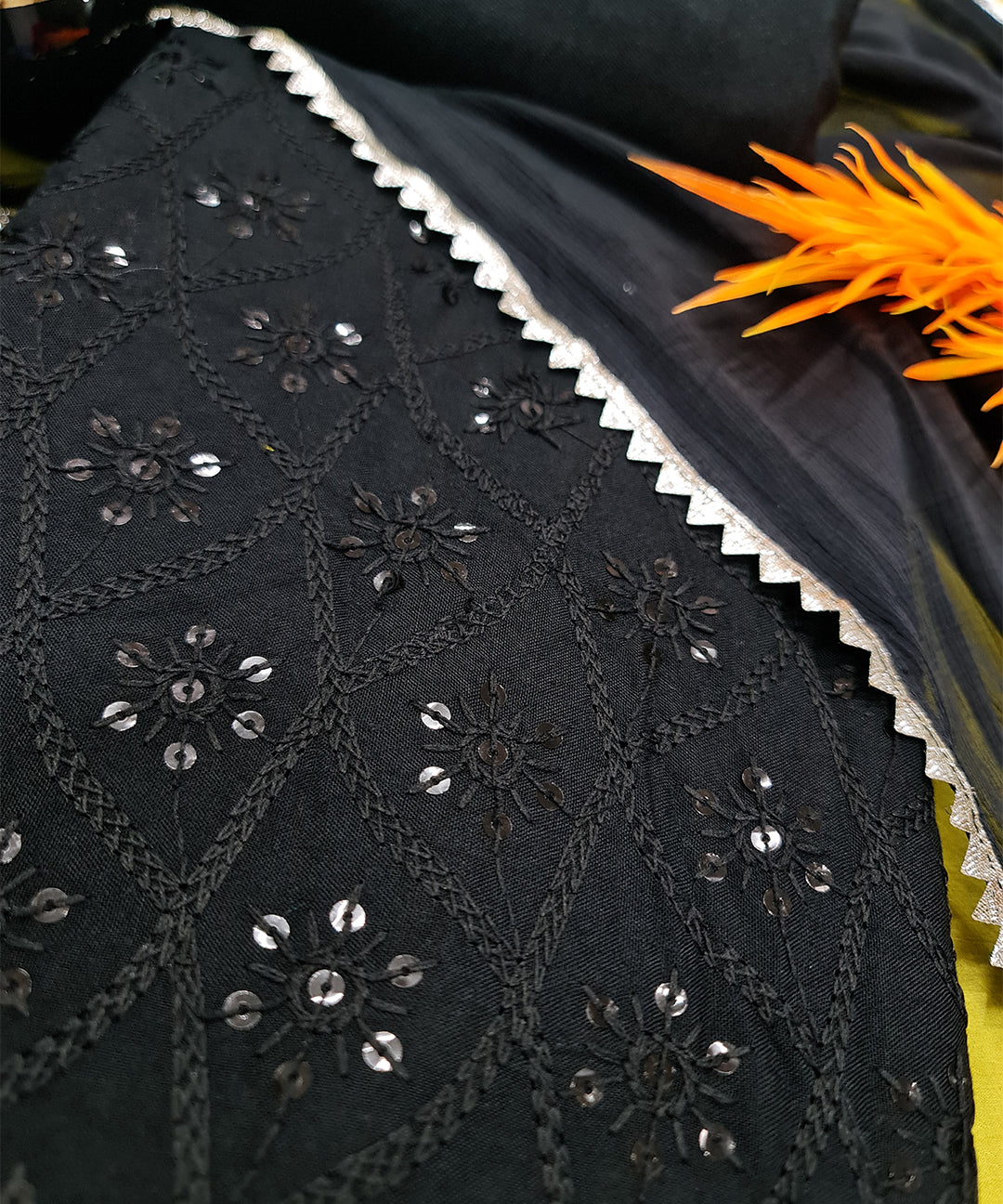 Black Chikankari Sequin Work Dress Material