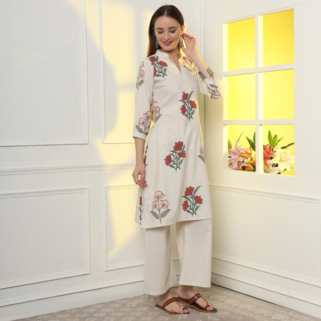 "An exquisite Mughal print linen kurta set showcasing effortless elegance and cool comfort."