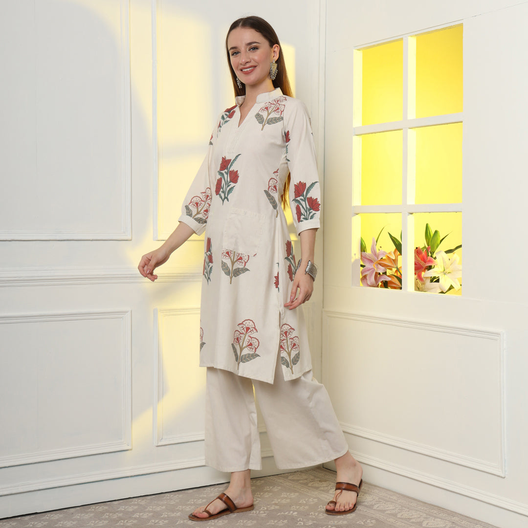 "An exquisite Mughal print linen kurta set showcasing effortless elegance and cool comfort."