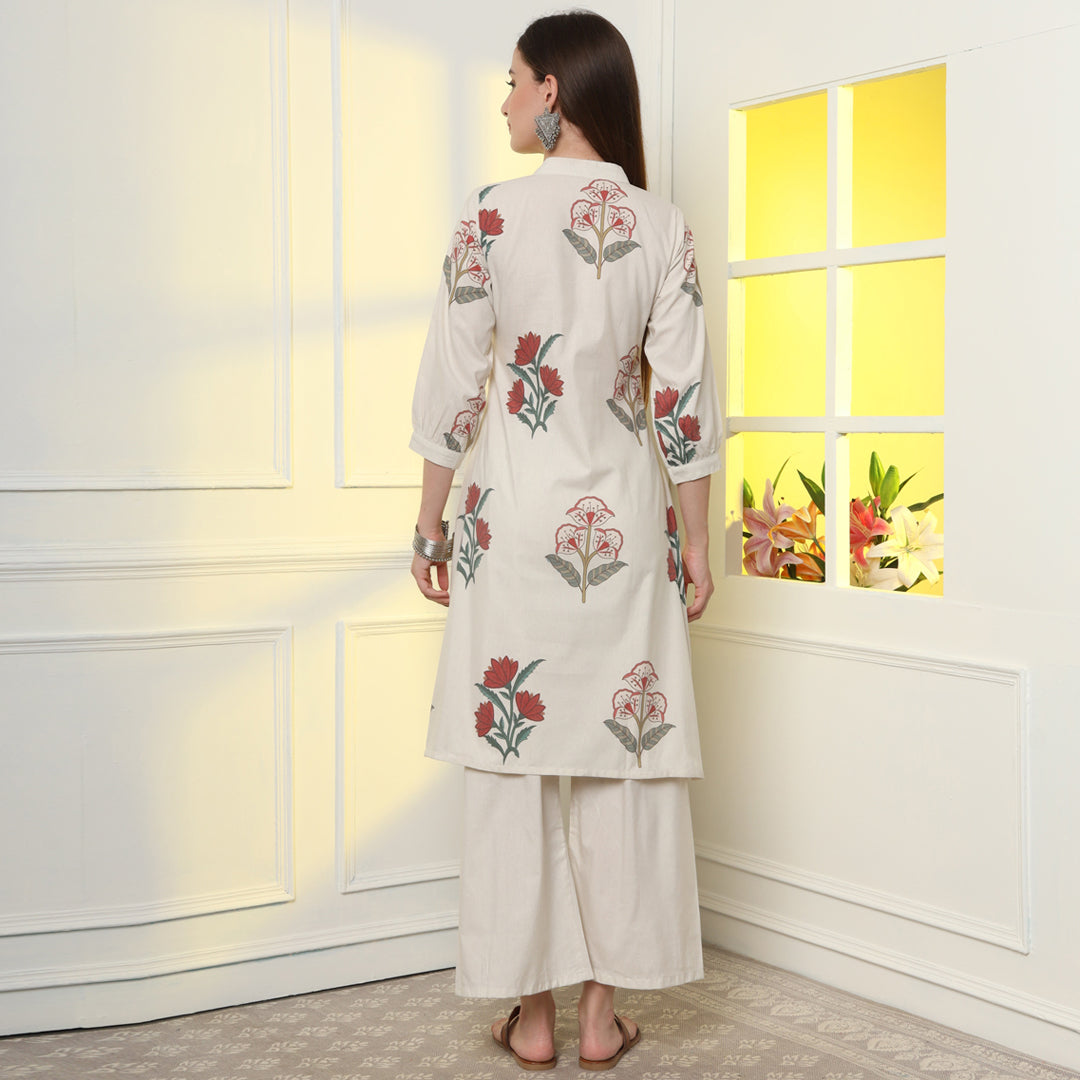 "An exquisite Mughal print linen kurta set showcasing effortless elegance and cool comfort."