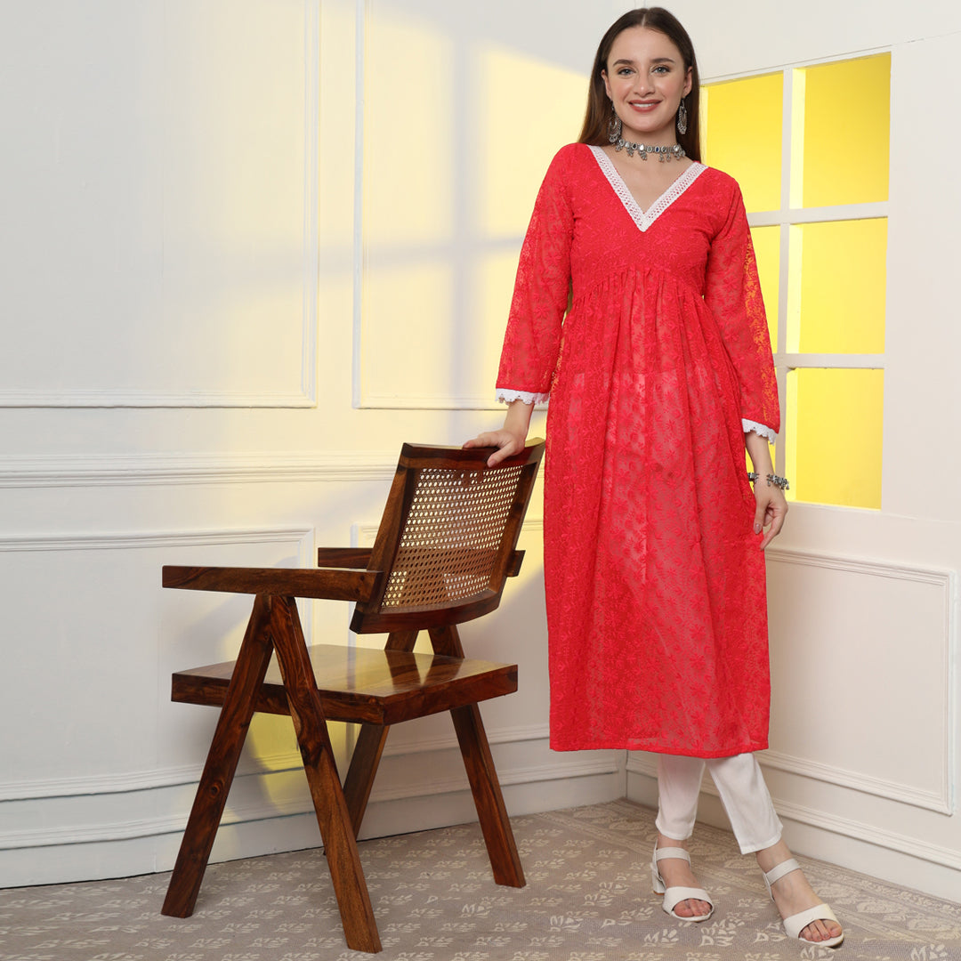 "Enhance your silhouette with floral elegance in the A-line kurta set."