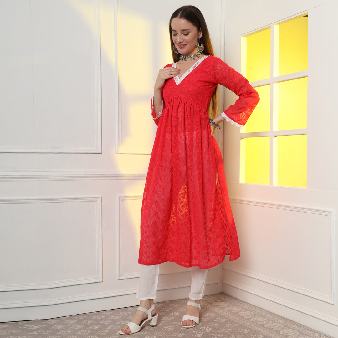 "Enhance your silhouette with floral elegance in the A-line kurta set."