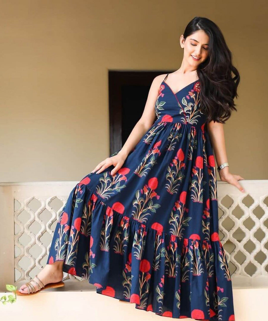 A floral print V-neck maxi dress with a fit and flare silhouette.