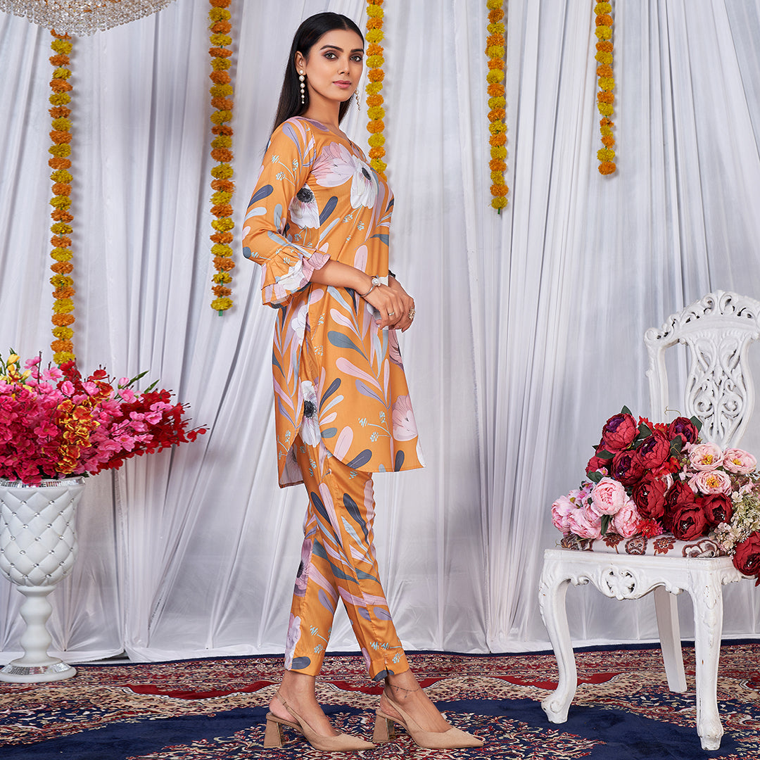 Hot yellow floral printed co-ord set, a bold and vibrant matching outfit.