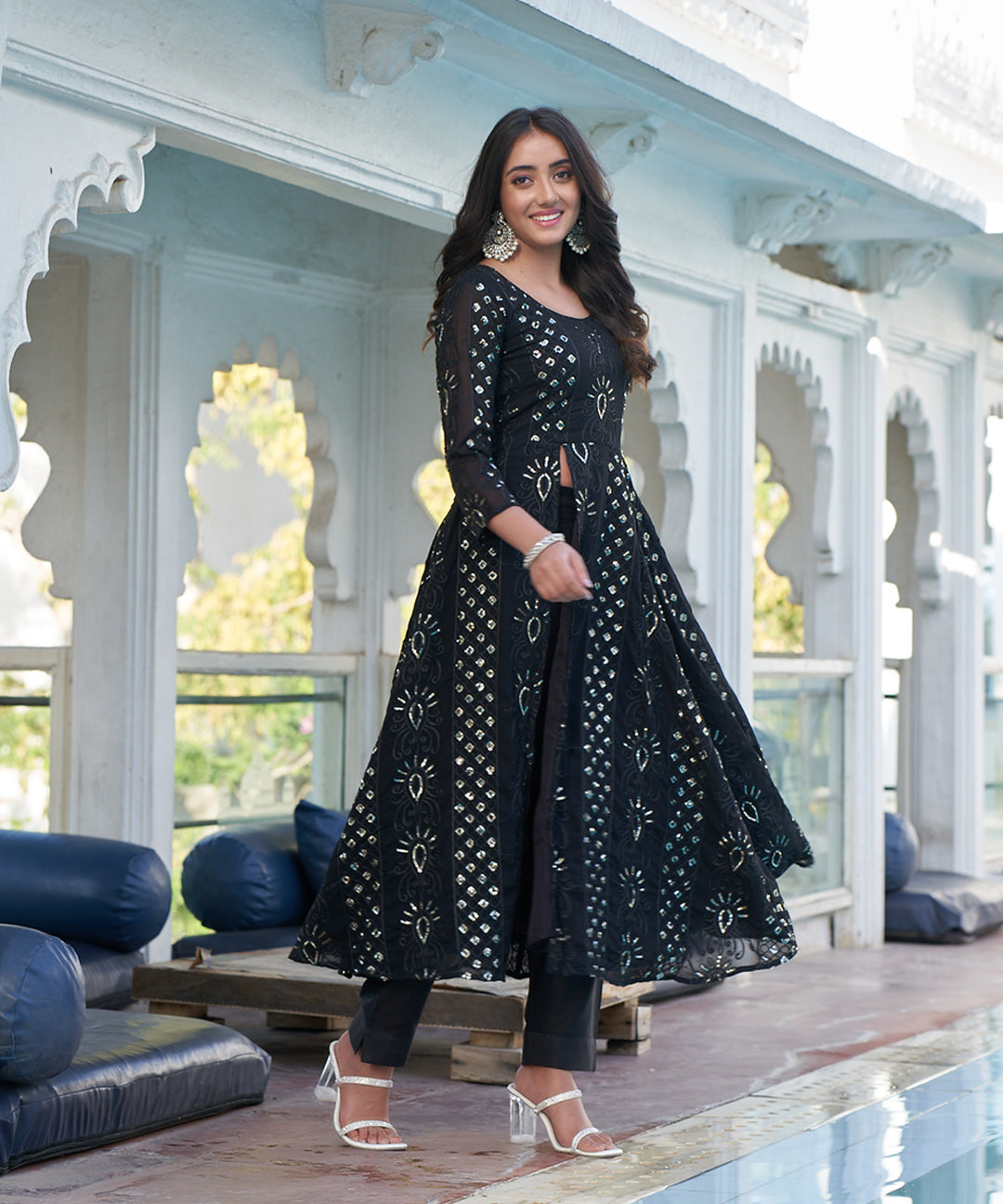 Jade black embroidered suit set featuring intricate detailing and a sophisticated design