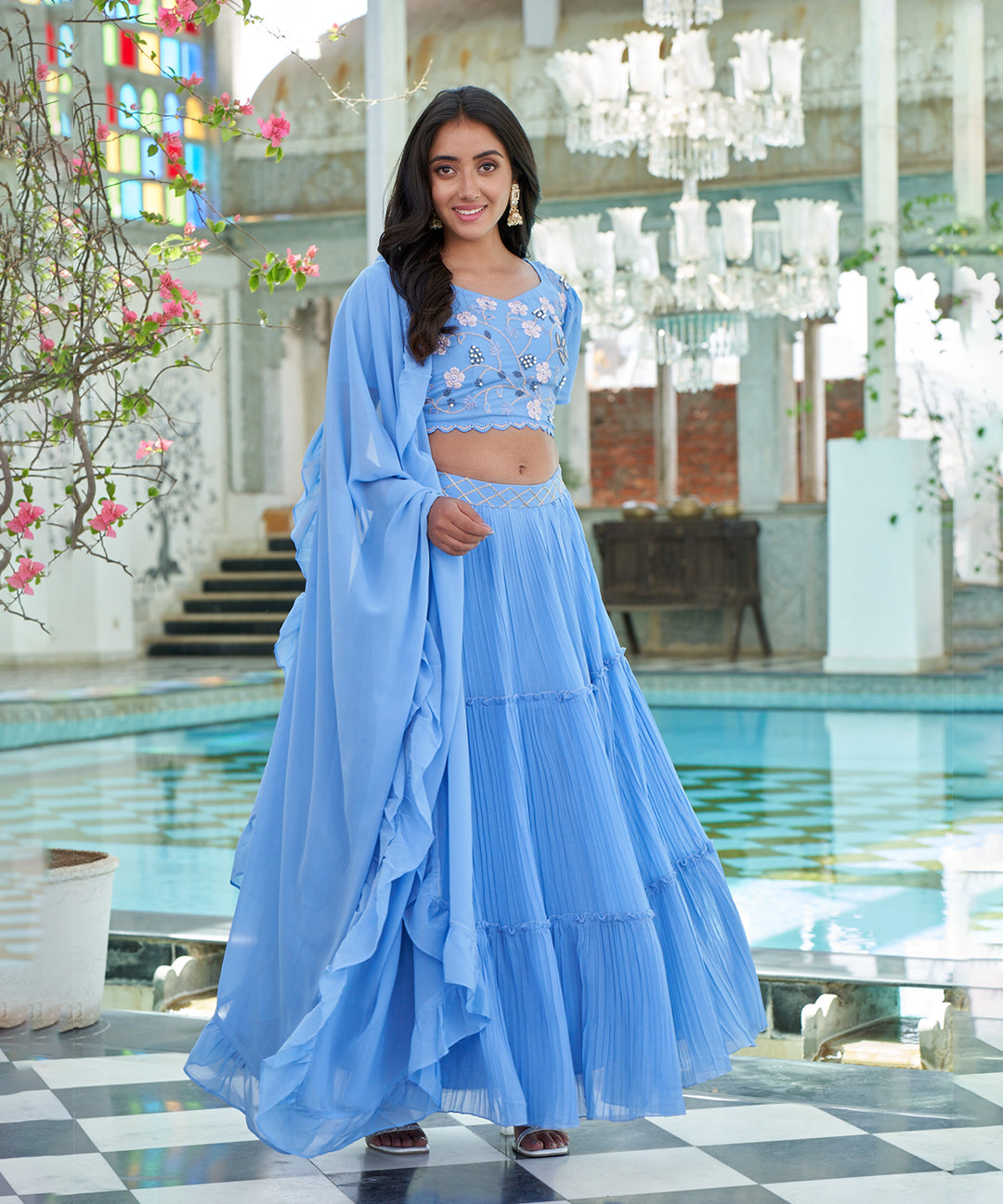 Light blue Georgette lehenga choli set showcasing a flowing silhouette and elegant design