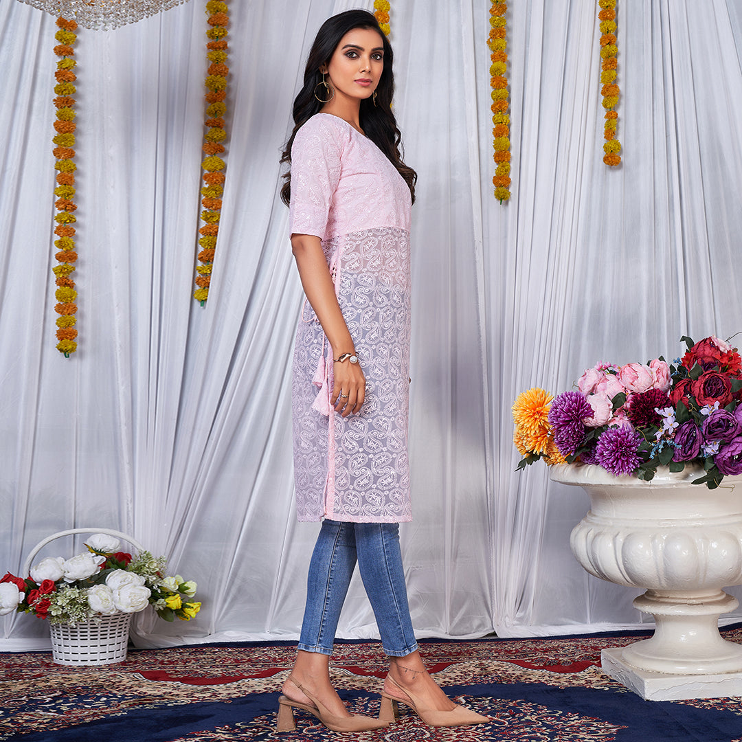 Light pink side dori Lucknowi embroidered kurta for graceful charm