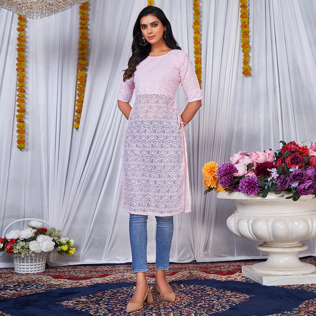 Light pink side dori Lucknowi embroidered kurta for graceful charm