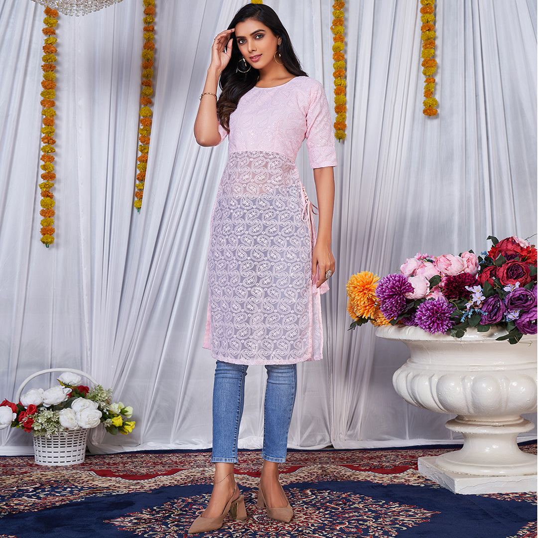 Light pink side dori Lucknowi embroidered kurta for graceful charm