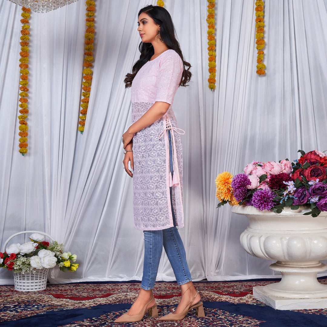 Light pink side dori Lucknowi embroidered kurta for graceful charm