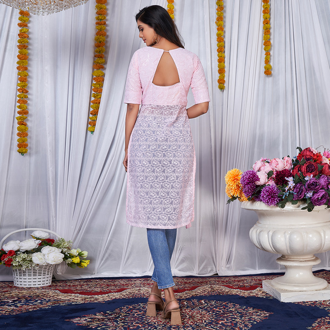 Light pink side dori Lucknowi embroidered kurta for graceful charm