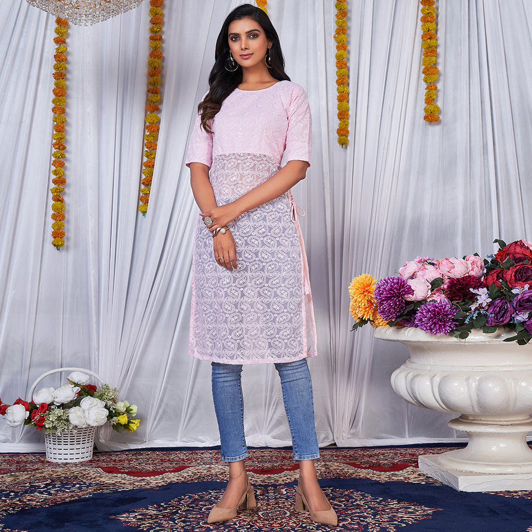 Light pink side dori Lucknowi embroidered kurta for graceful charm