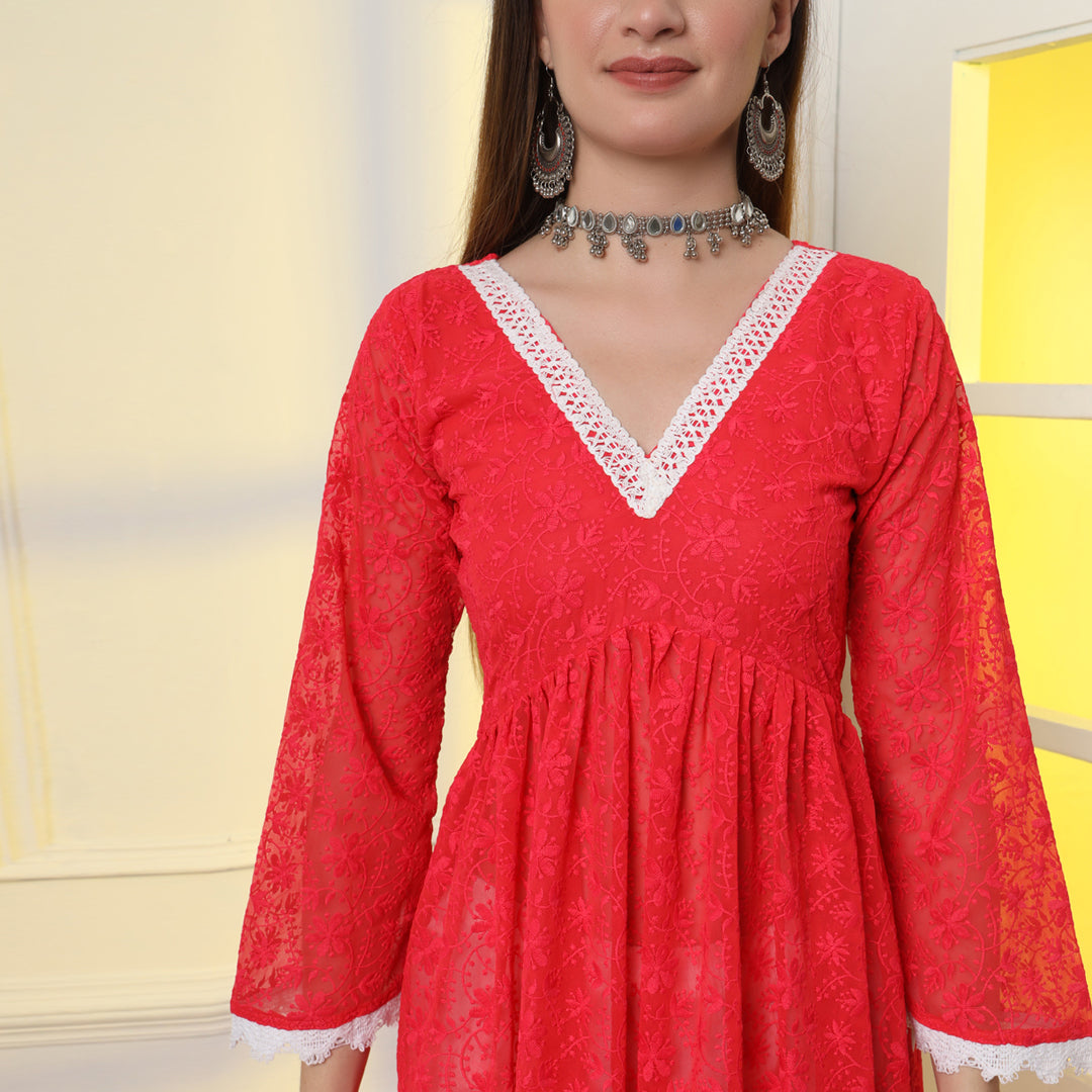 "Enhance your silhouette with floral elegance in the A-line kurta set."