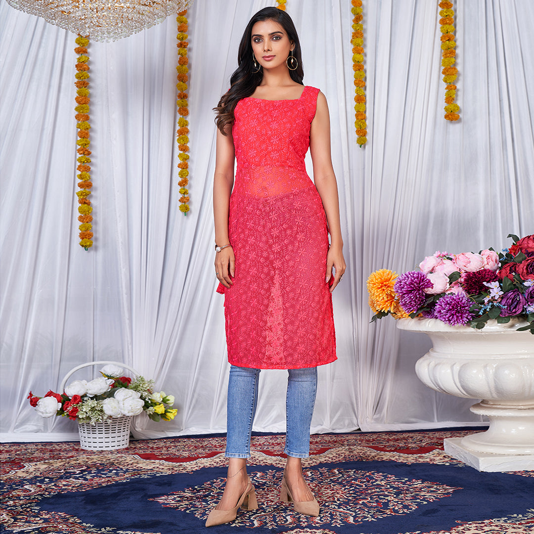 Pink Lucknowi embroidered side tassel kurta, exuding elegant simplicity