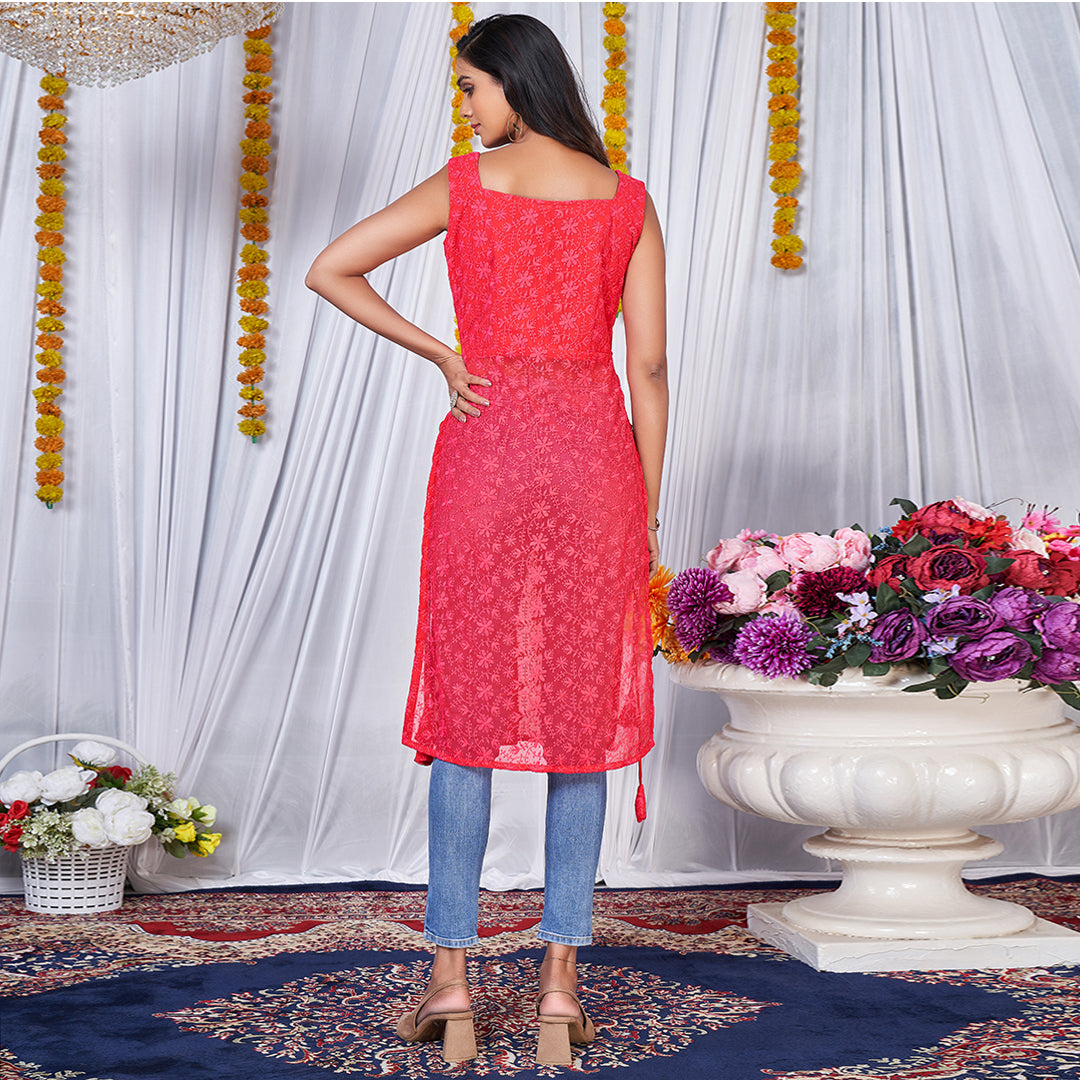 Pink Lucknowi embroidered side tassel kurta, exuding elegant simplicity