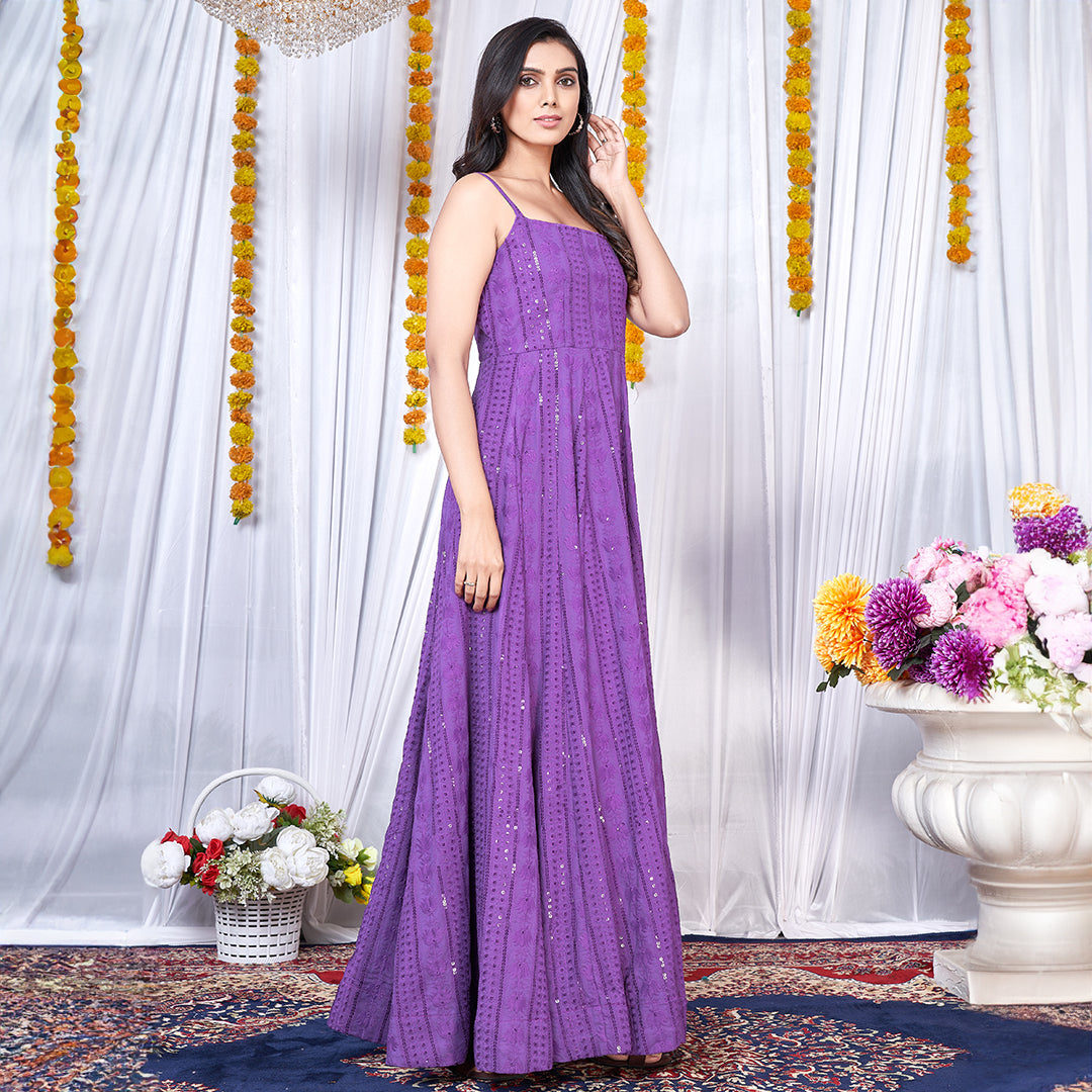 Purple Chikankari embroidered Anarkali gown, an elegant and intricately designed traditional outfit.