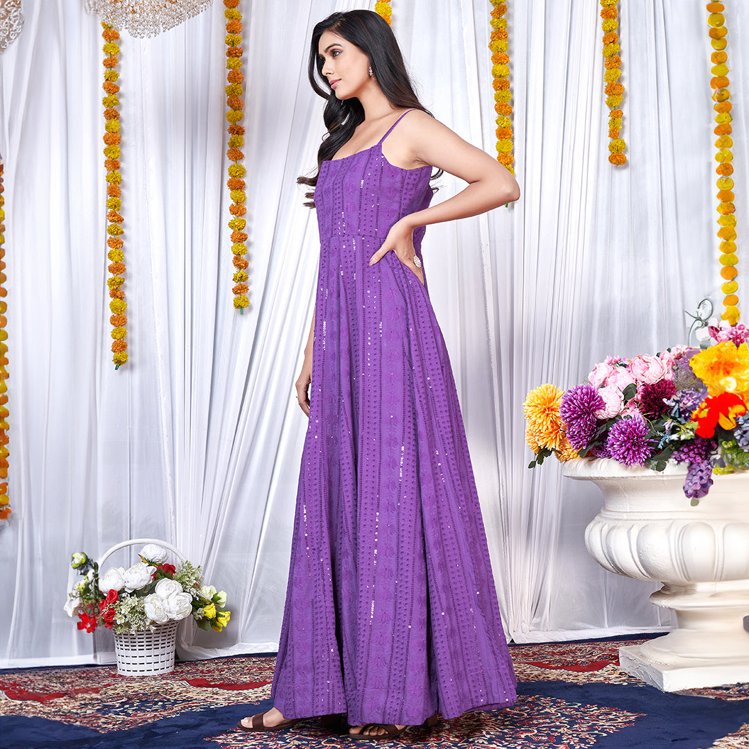 Purple Chikankari embroidered Anarkali gown, an elegant and intricately designed traditional outfit.