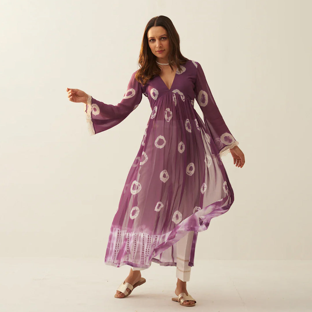 Purple Dyed Bandhej Printed Flared Long Kurta Set