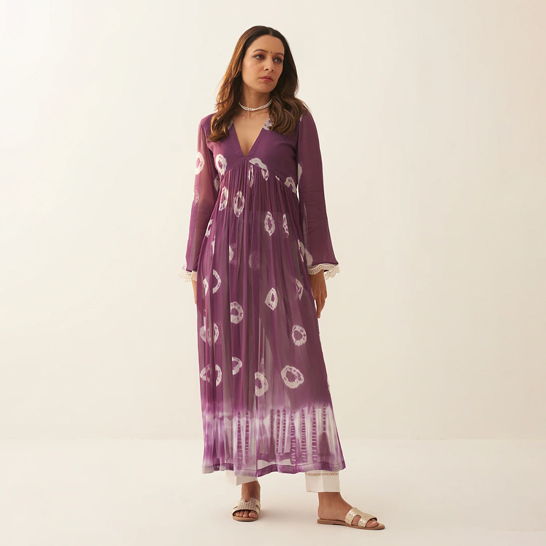 Purple Dyed Bandhej Printed Flared Long Kurta Set