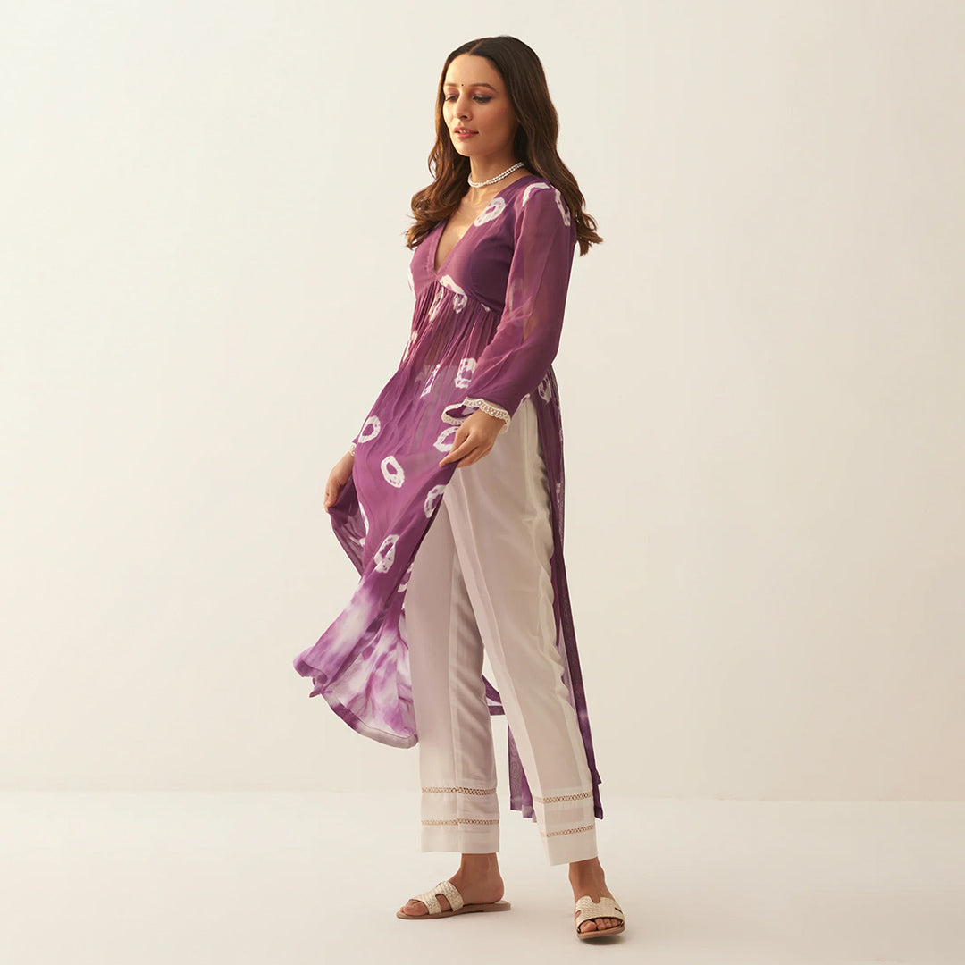 Purple Dyed Bandhej Printed Flared Long Kurta Set