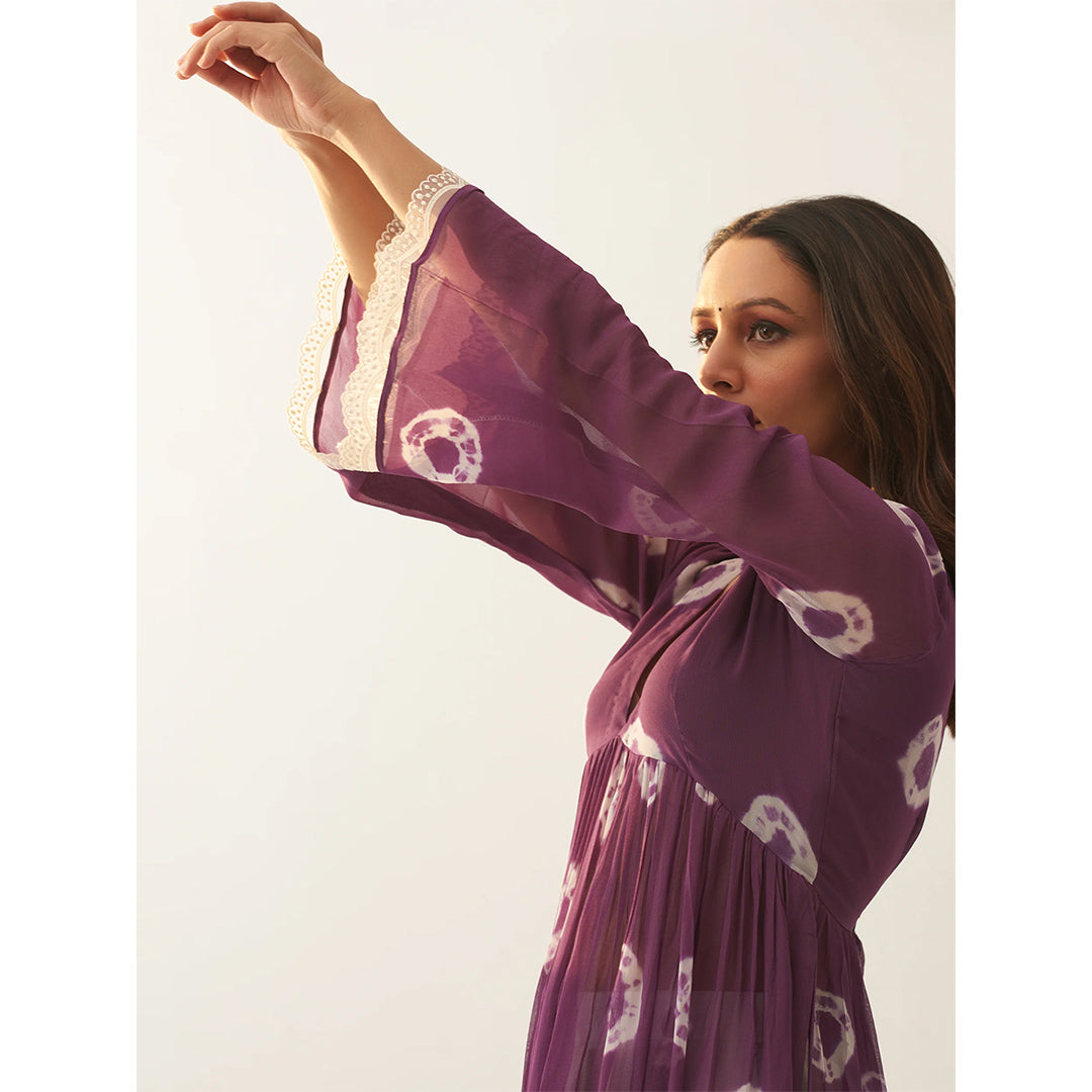 Purple Dyed Bandhej Printed Flared Long Kurta Set