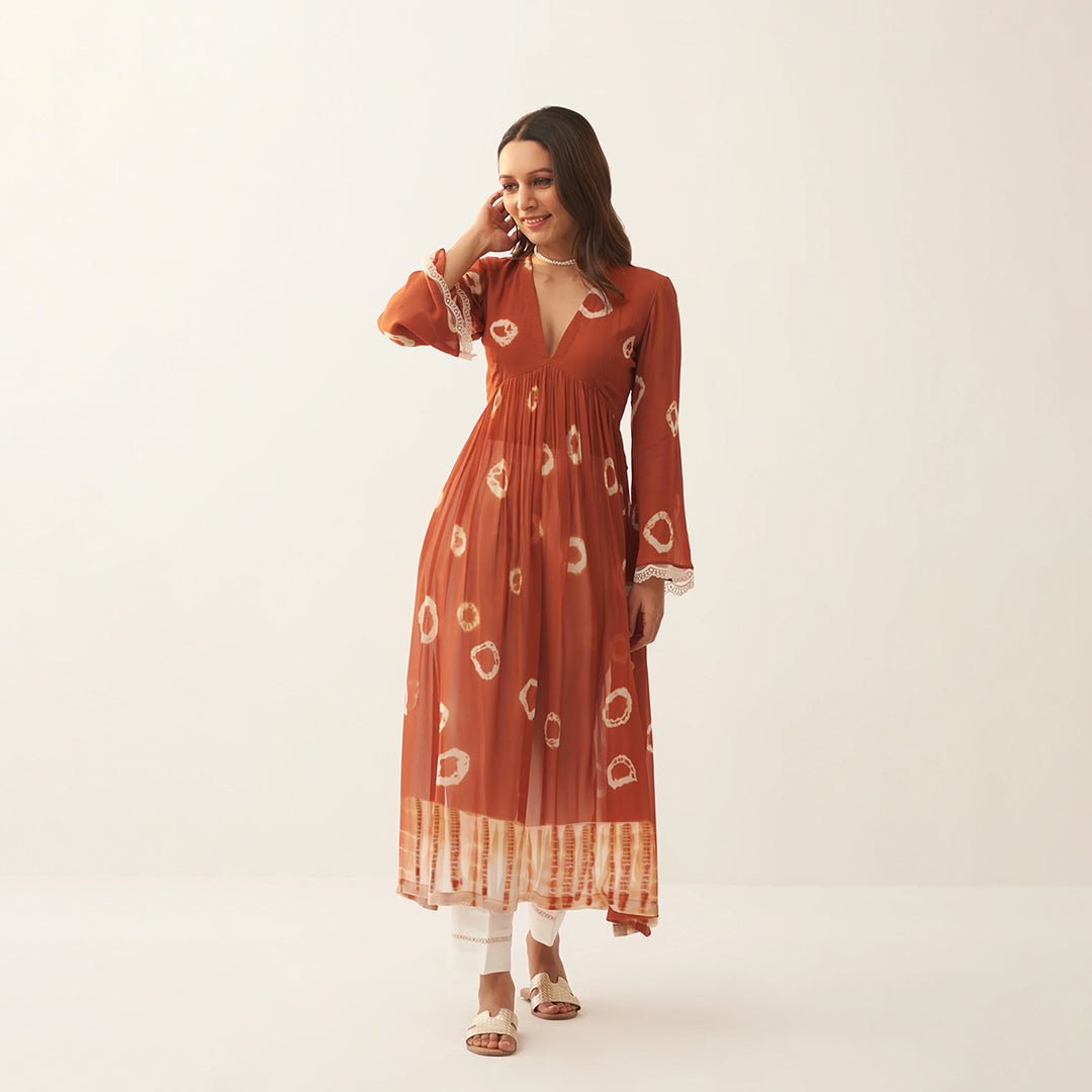 Coral Dyed Bandhej Printed Flared Long Kurta Set