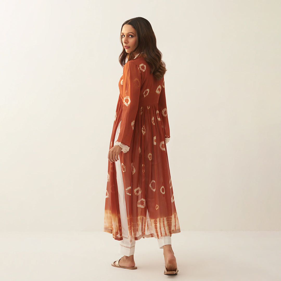 Coral Dyed Bandhej Printed Flared Long Kurta Set