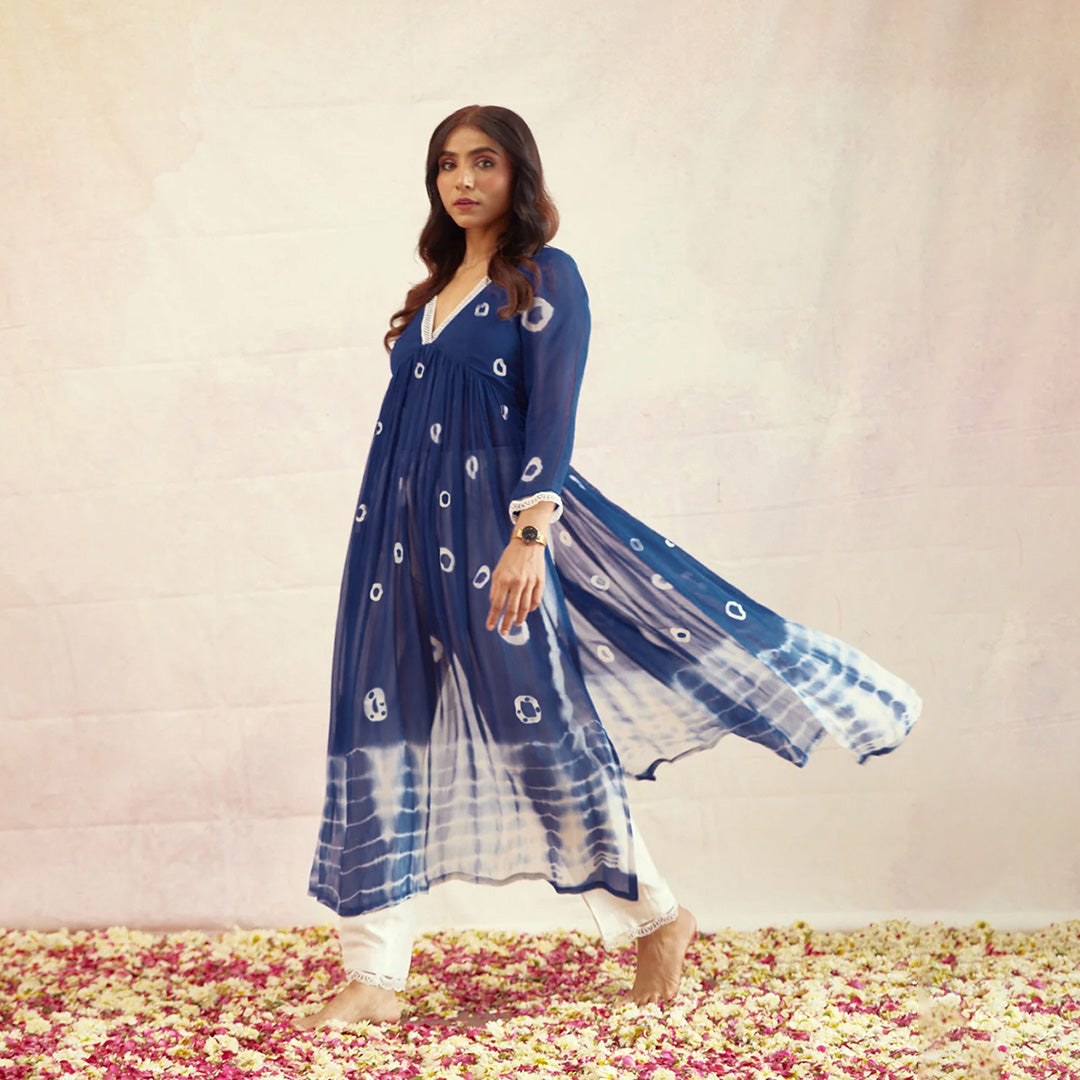 Navy Blue Bandhej Printed Flared Long Kurta Set