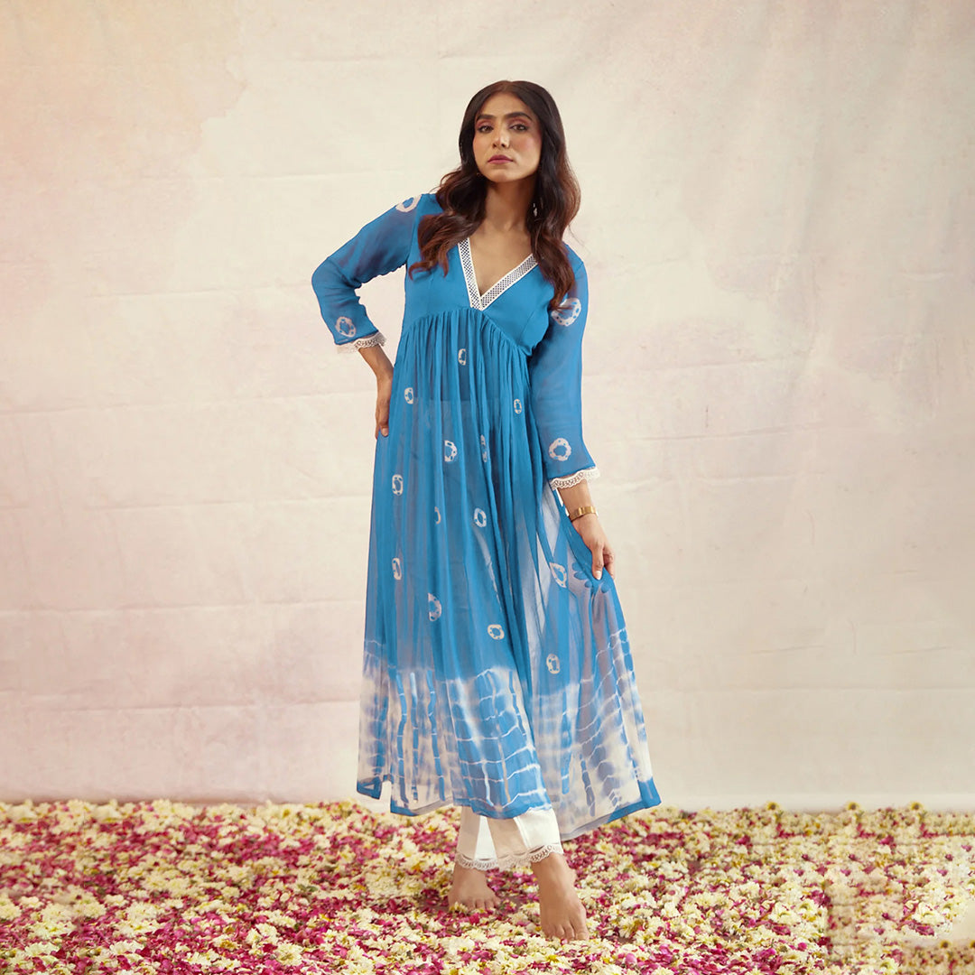 Blue Dyed Bandhej Printed Flared Long Kurta