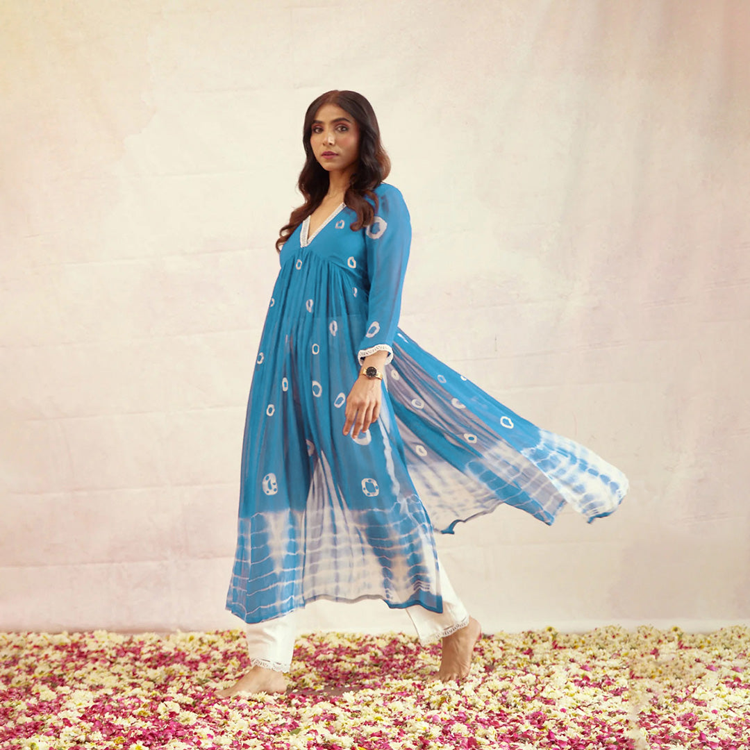 Blue Dyed Bandhej Printed Flared Long Kurta