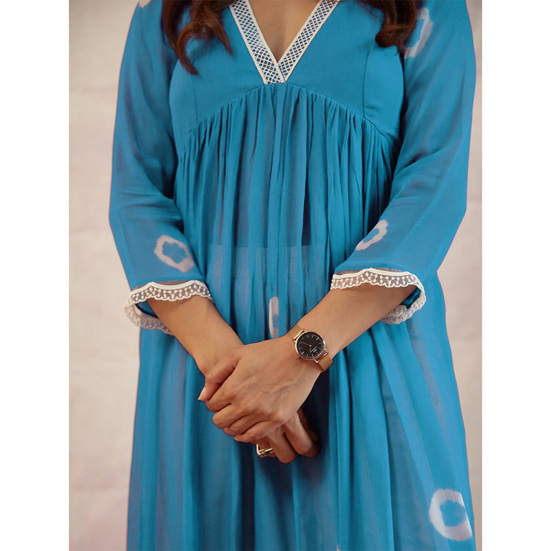 Blue Dyed Bandhej Printed Flared Long Kurta