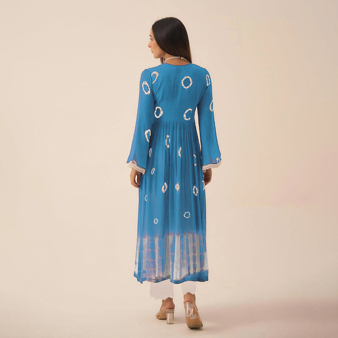 Blue Dyed Bandhej Printed Flared Long Kurta