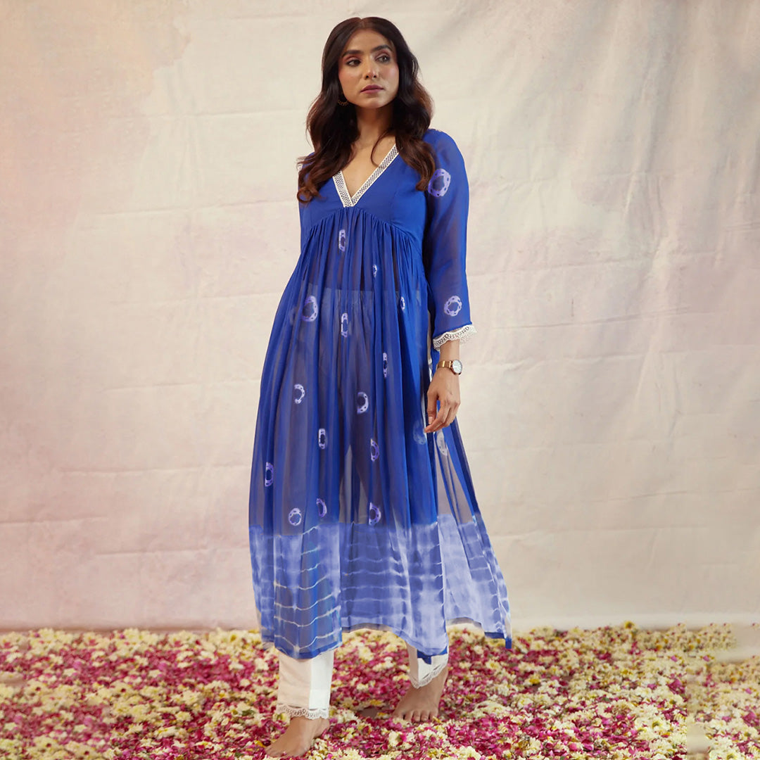 Roya;l Blue Dyed Bandhej Printed Flared Long Kurta Set