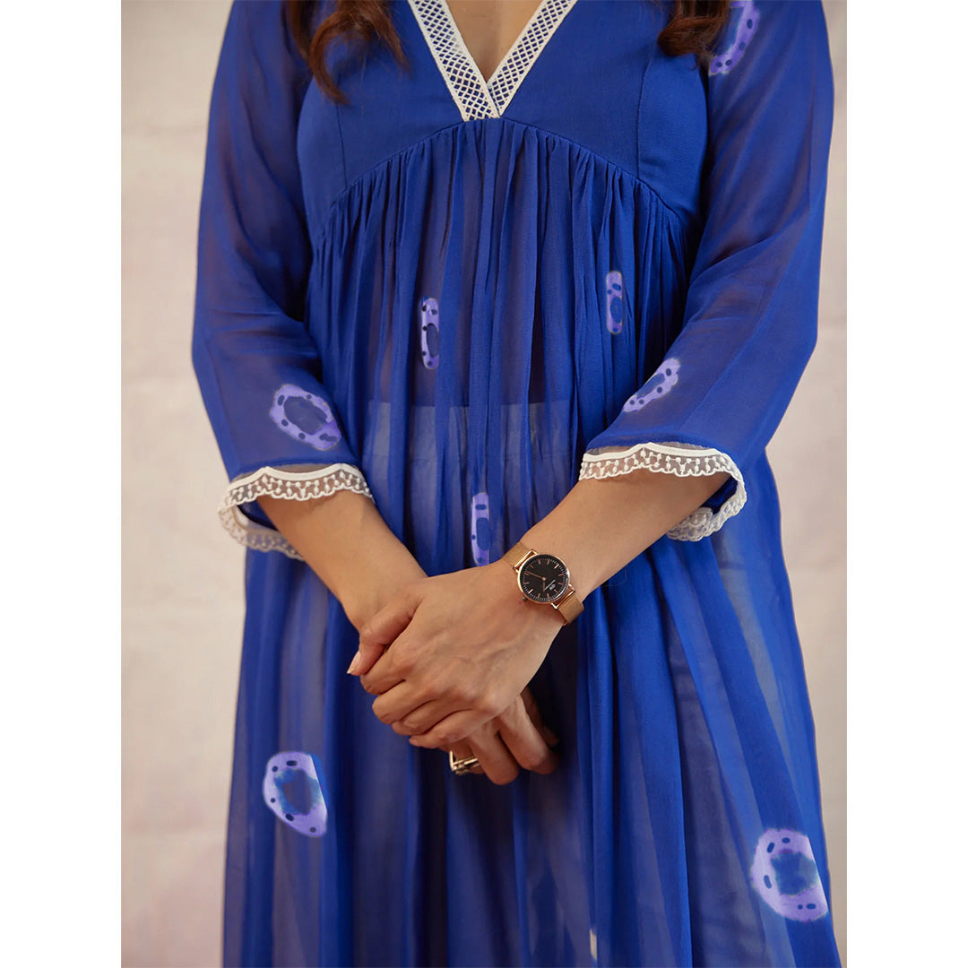 Roya;l Blue Dyed Bandhej Printed Flared Long Kurta Set