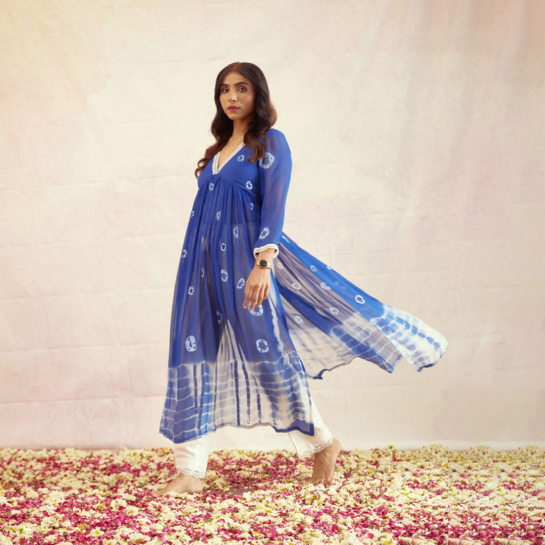 Roya;l Blue Dyed Bandhej Printed Flared Long Kurta Set