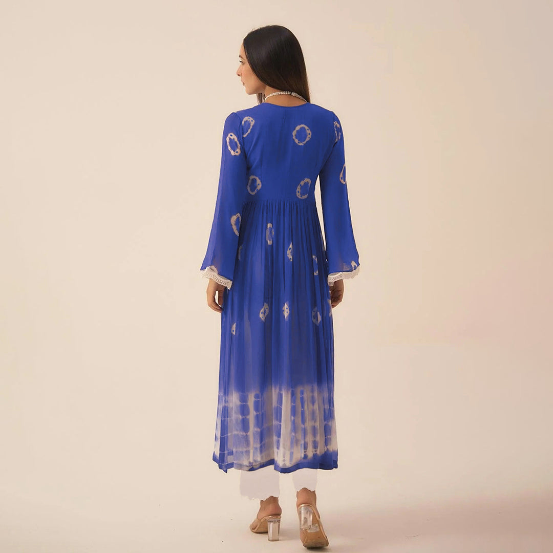 Roya;l Blue Dyed Bandhej Printed Flared Long Kurta Set