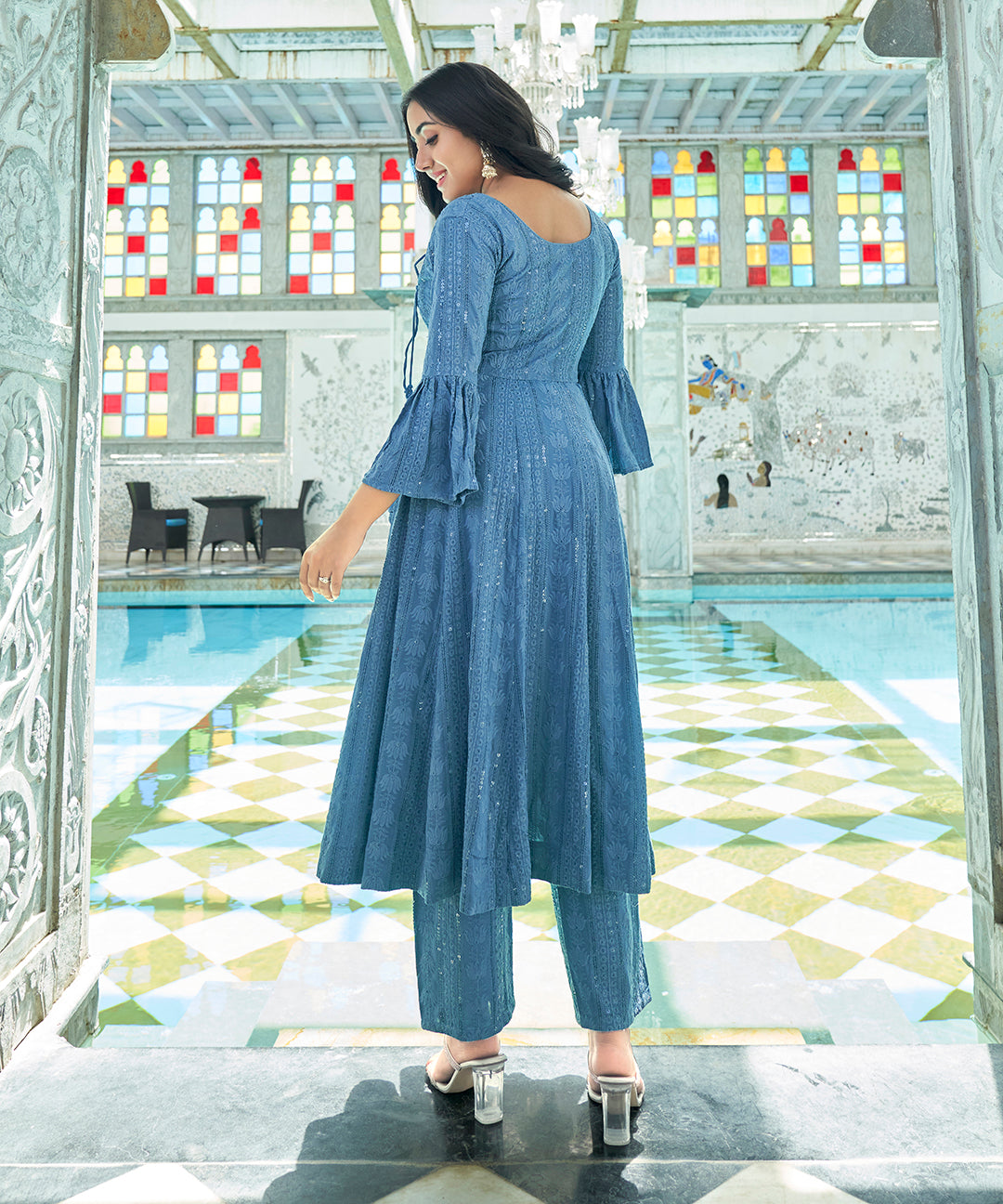 A serene Soothing Blue Rayon Dress with Dupatta, offering comfort and style with its soft fabric and elegant design.