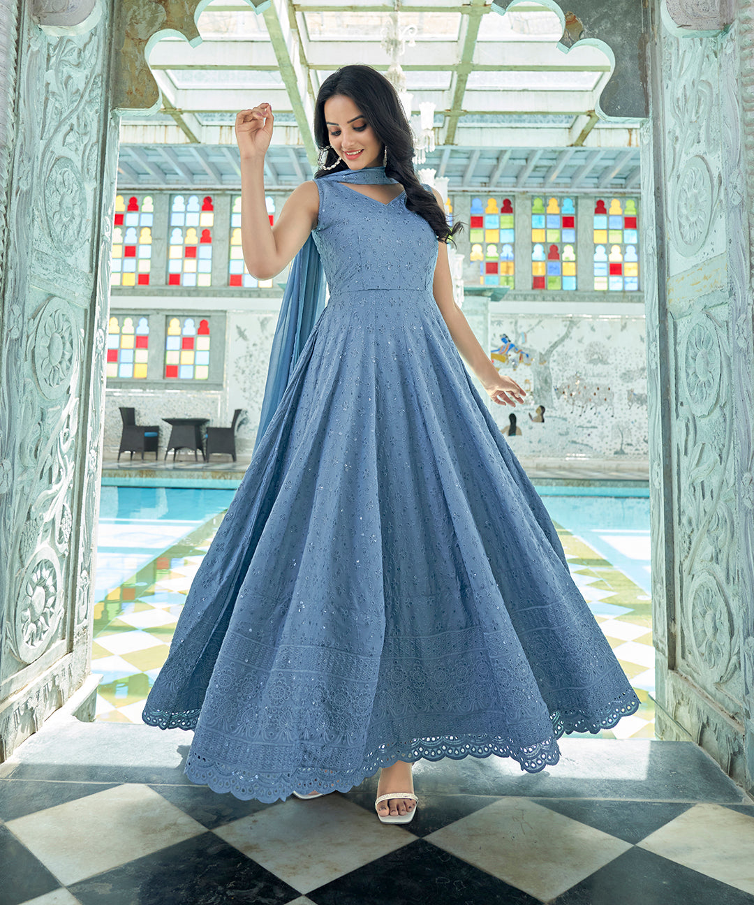 A serene Soothing Blue Rayon Dress with Dupatta, offering comfort and style with its soft fabric and elegant design.