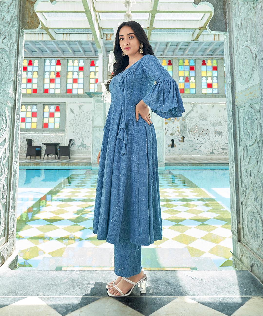 A serene Soothing Blue Rayon Dress with Dupatta, offering comfort and style with its soft fabric and elegant design.