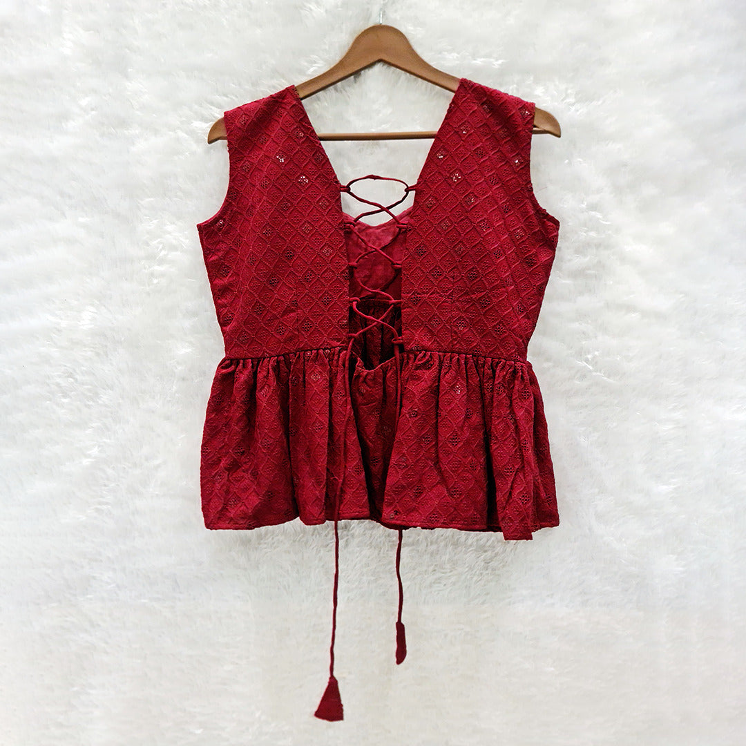 Maroon Majesty: The Exquisite Chikankari Top for Timeless Elegance (Removeble Padded Top)