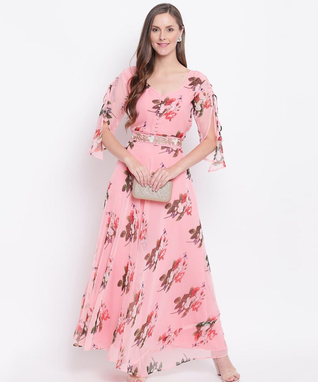 Trendy short sleeve floral printed faux georgette maxi dress, ideal for stylish and casual occasions.