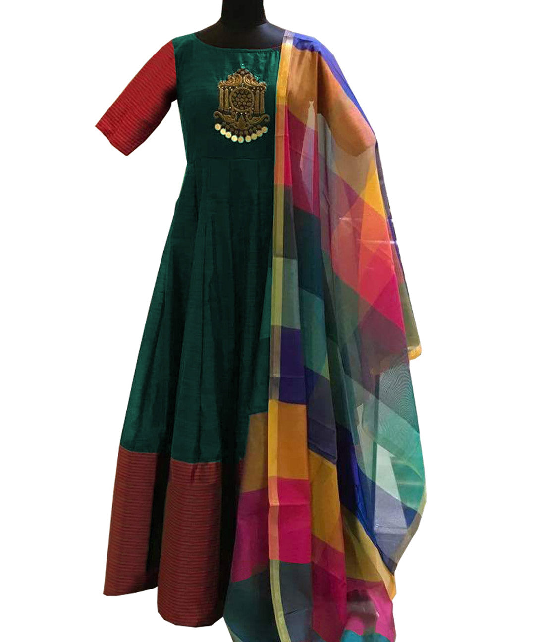 Green Tapeta Silk Diamond  And Embroidery And Mirror Work Readymade Gown With Cotton Silk Dupatta