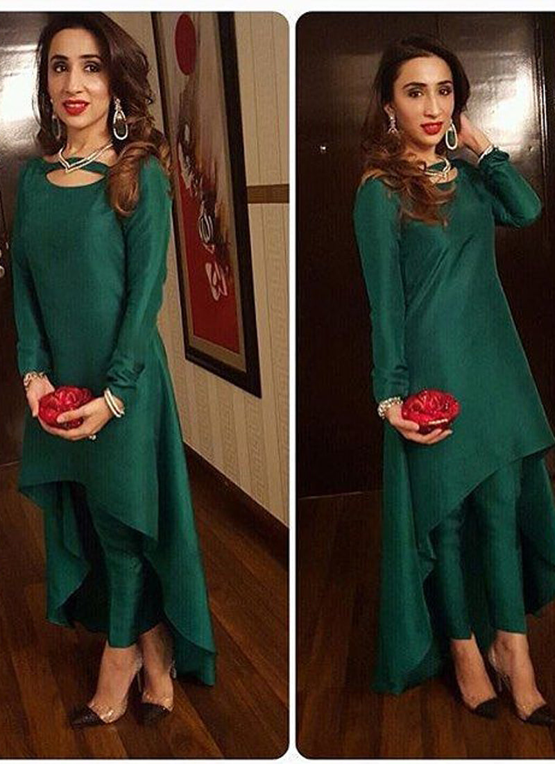 Gorgeous Satin Silk Dark Green Party Wear Up And Down Gown With Stitched Dhoti Style Pant
